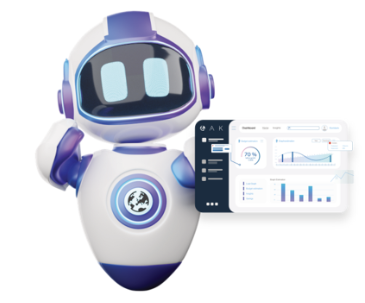 The blue, purple and white OAK AI robot, OAKly, holding an insights graph.